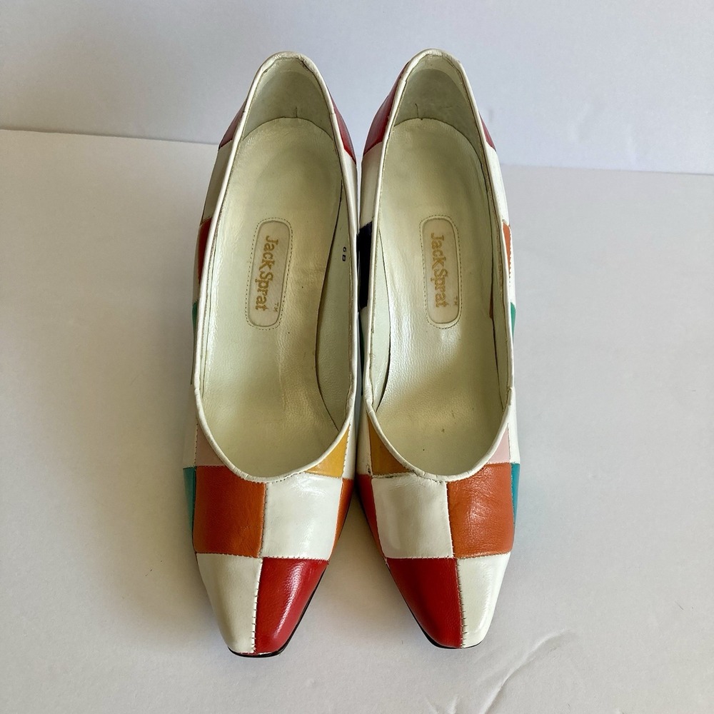 Vtg Jack Sprat Rainbow Harlequin Mod Patchwork Pumps Leather Size 6B Colorblock - Picture 4 of 16
